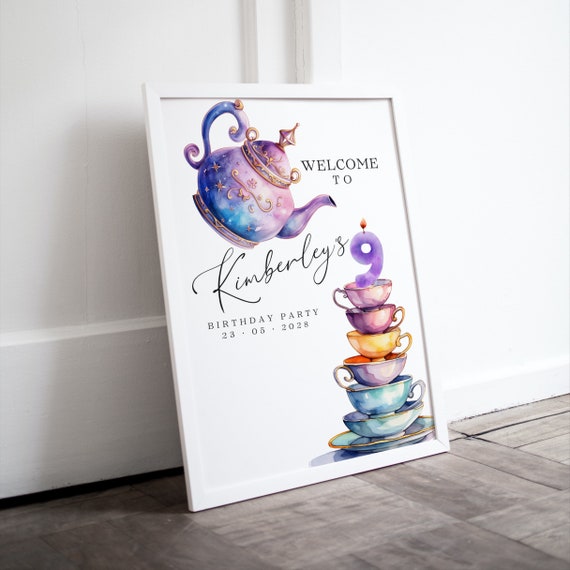 Editable Tea Party Welcome Sign - Customizable Birthday Banner - Colorful DIY Par-tea Decor - Whimsical Tea Signs Template Any Age