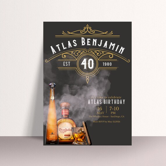 Editable Whiskey & Cigar Birthday Invitation Template | Printable Any Age | Cognac Invite | Top-Quality Whiskey Label Party Printable