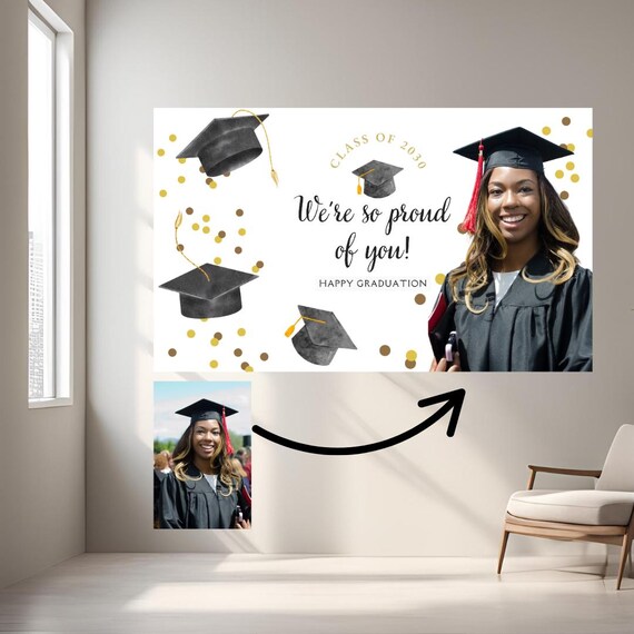 Black and Gold Graduation Welcome Sign Class of 2025 | Custom Photo Grad Banner | Elegant Party Entrance Decor | Personalized Grad Sign