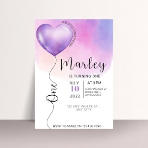 Valentine Purple Heart Birthday Invitation, First Birthday Invite, Digital Party Invitations, Watercolor Heart Balloon, #HBP