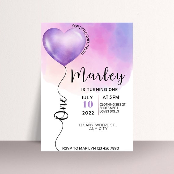 Valentine Purple Heart Birthday Invitation, First Birthday Invite, Digital Party Invitations, Watercolor Heart Balloon, #HBP