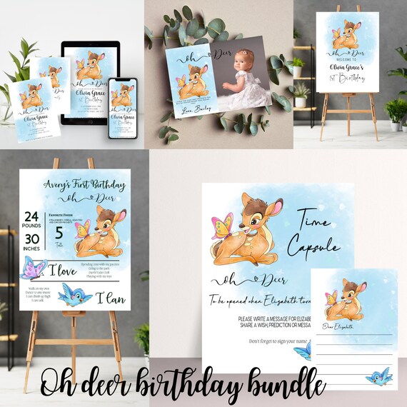 Printable Blue Oh Deer Birthday Bundle, Editable Deer Birthday invitation, Boys Deer Themed Signs, Instant Download, #ODB