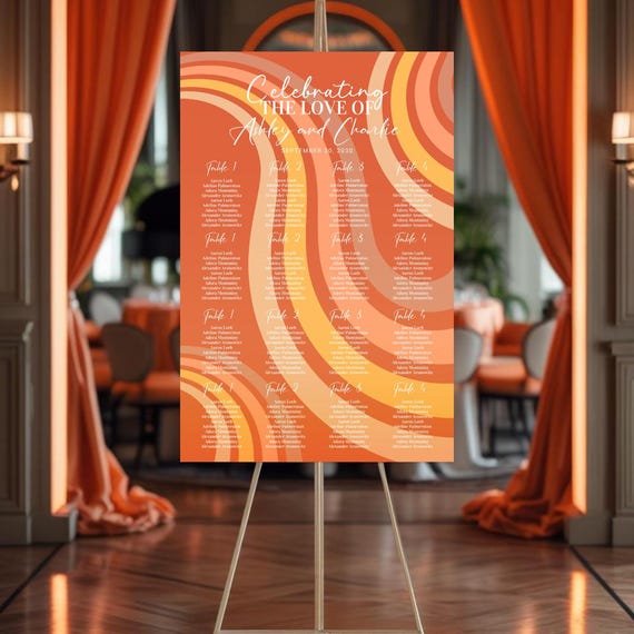Retro 70s Burnt Orange Seating Chart | Vintage Boho Wedding Reception Sign | Groovy Event Seating Display | Custom Table Chart