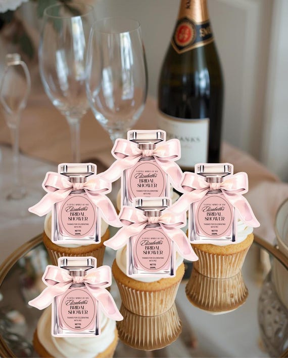 Edible Perfume Bottle Cake Toppers – Custom Personalized Labels – Birthday, Bridal Shower, Party Favor Decor