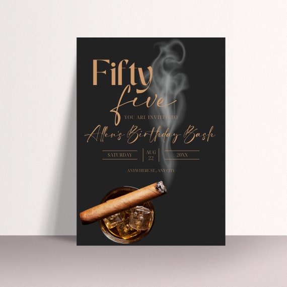 Editable Whiskey & Cigar Birthday Invitation - Any Age Men's Invite Template - Printable, Digital Download - Personalized Party Invitations