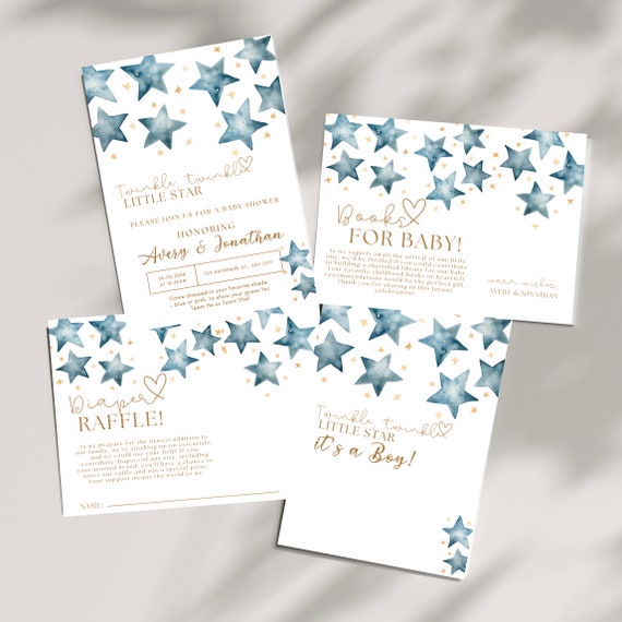 Blue Stars Baby Shower Invitation Suite - Twinkle Little Star - Printable Boy Invite - Custom DIY Books for Baby, Diaper Raffle Bundle