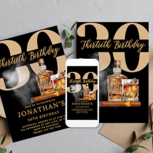 Adult Whiskey and Cigar Birthday Invitation, Editable Any Age Men&#39;s Birthday Invite, Printable Bday Invitations, Print and Digital