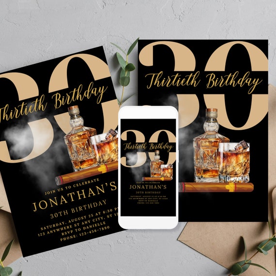 Adult Whiskey and Cigar Birthday Invitation, Editable Any Age Men's Birthday Invite, Printable Bday Invitations, Print and Digital