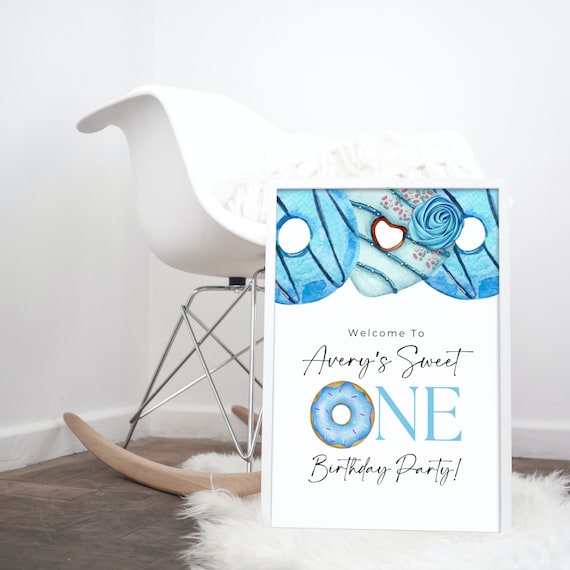 Sweet One Blue Donut Birthday Welcome Sign - Editable Any Age Party Template, Baby Girl's First Birthday Party Printable, Print and Digital
