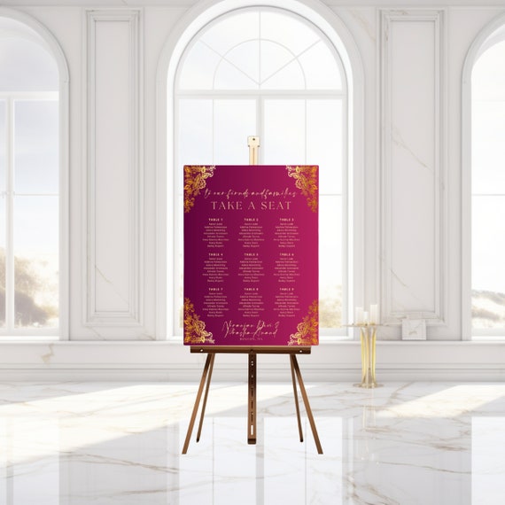 Red and Gold Royal Indian Wedding Seating Chart, Hindu Decor & Engagement Entrance, Editable Template Grand Celebration, Instant Download