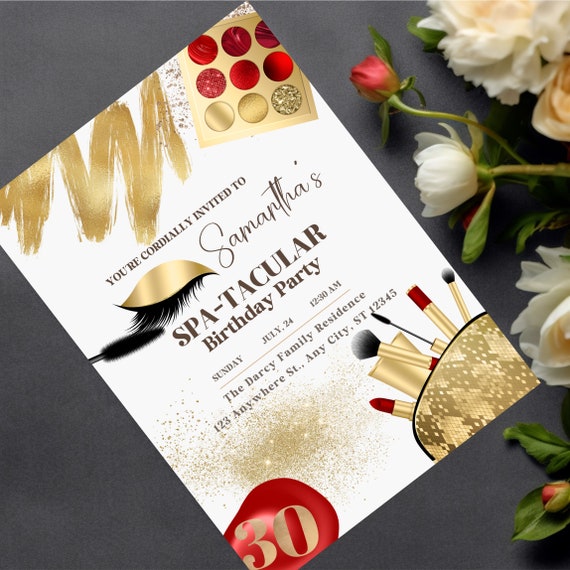 Customizable Glitz and Glam Spa Party Invitation Template, Perfect for Spa Birthdays and Makeup Slumber Parties, Gold and Red Printable