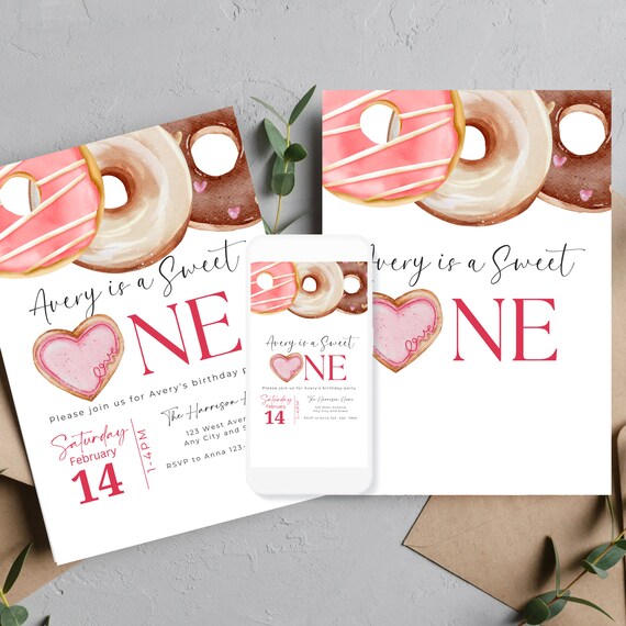 Sweet Red Heart Donut Birthday Invitation Template - Editable Party Invite, Printable DIY, Customizable Doughnut Theme Invitations