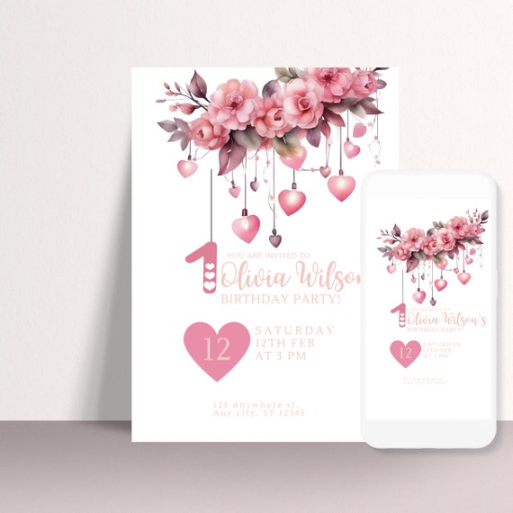 Floral Heart Birthday Invitation Template, Fairy Lights Party Invite, Editable Any Age Birthday Invitations, Printable Pink Floral Heart