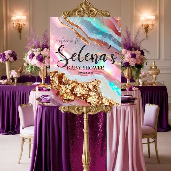 Iridescent Rose Geode Welcome Sign | Glam Foam Board Sign for Baby Shower, Bridal Shower, Birthday Party, Pink & Gold Event Signage
