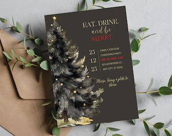 Black and Gold Christmas Party Invitation, Eat Drink and Be Merry Invitations Template, Winter Holiday Theme Printable Invite