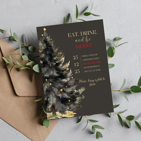 Black and Gold Christmas Party Invitation, Eat Drink and Be Merry Invitations Template, Winter Holiday Theme Printable Invite