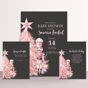 Pink Christmas Tree Baby shower Invitation Bundle, Winter Girl Baby Shower Invitations, Winter Pink Books For Baby, Diaper Raffle Card