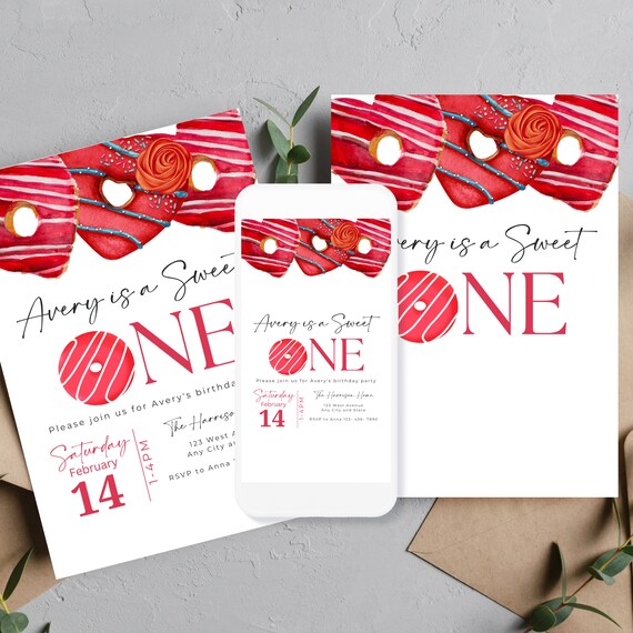 Sweet Red Heart Donut Birthday Invitation Template - Editable Party Invite, Printable DIY, Customizable Doughnut Theme Invitations
