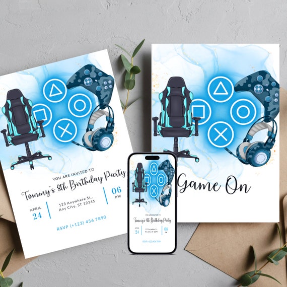 Video Game Blue Birthday Invitation Template, Gaming Party Invitation, Gamer Chair Invite, Video Gamer Printable, Gaming Printable, #BGI