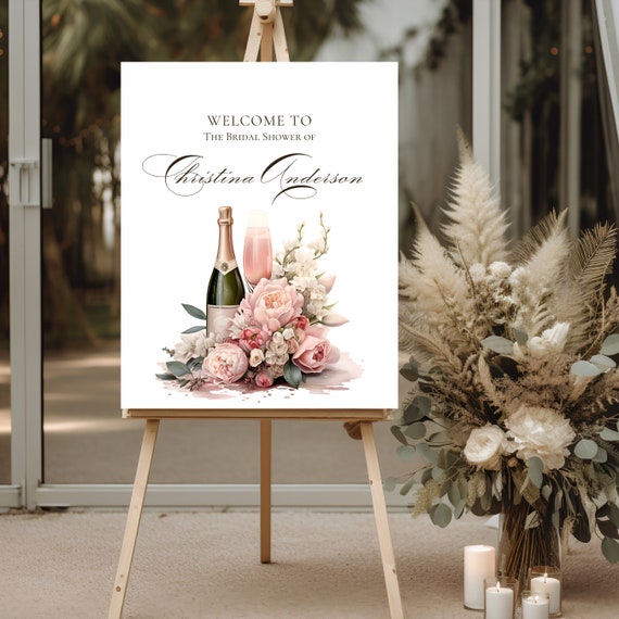 Editable Pink Floral Bridal Shower Welcome Sign Template - Elegant Floral Design - Personalized Bride-to-Be Party Décor - Wine & Champagne