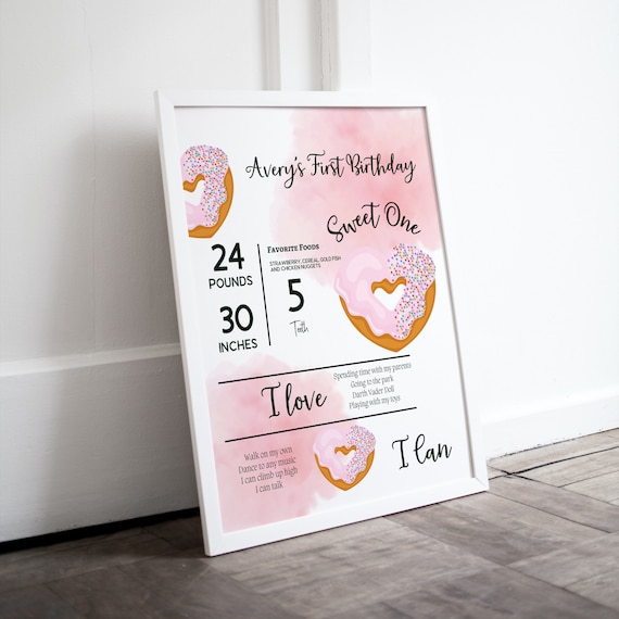 Sweet One Birthday Donut Milestone Sign, Pink Girls 1st Birthday Signs, Heart Shaped Donut Banner, First Birthday Print and Digital #DBH