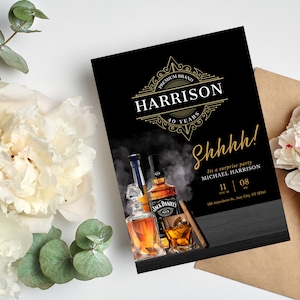 Whiskey and Cigar Birthday Invitation, Editable Any Age Men&#39;s Birthday Invite, Printable Bday Invitations, Instant Download