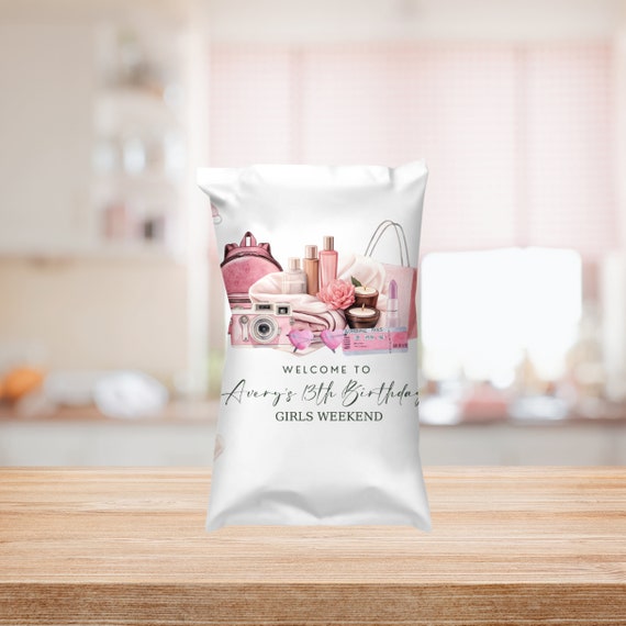 Chic Pink Birthday Weekend Chip Bag - Girls Getaway, Spa Day, Cruise, Ladies Night Out - Printable Vacation Template, Party Chi Bag Labels