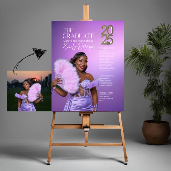 Custom 2025 Graduation Welcome Sign | Editable Fun Facts Magazine Cover Banner | Modern Lilac & White Graduation Foam Board Photo Prom Sign