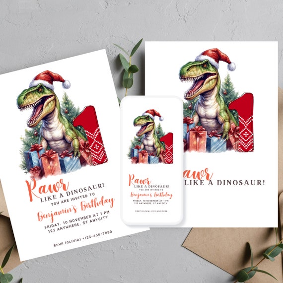 Christmas Dinosaur Birthday Invitation Template, Holiday Dino Party Invites, Editable Winter Dino Bday, Kids Printable Invitations