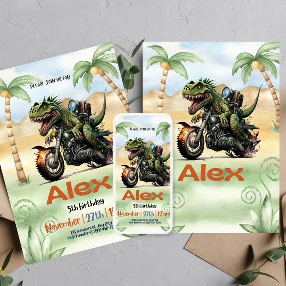 Dinosaur On Motorcycle Birthday Invitation, Birthday Party Invitations, Boys Printable T Rex Invite, Editable Dinosaur Birthday Template