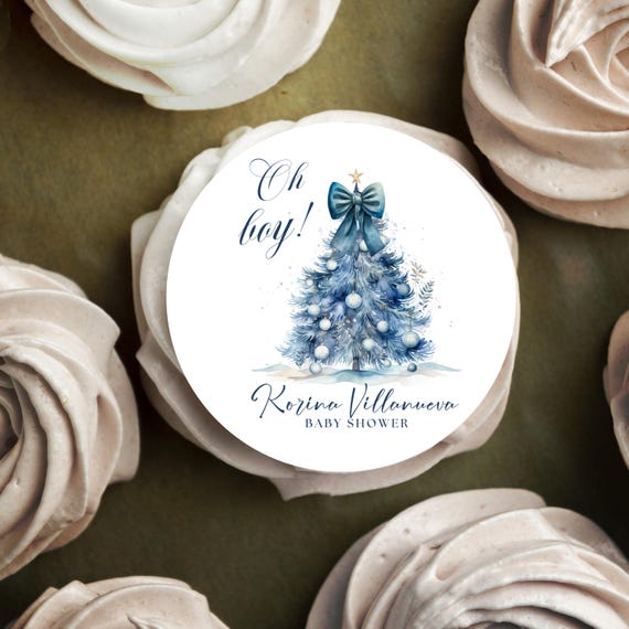 Edible Blue Christmas Tree Cake Topper | Winter Boy Baby Shower Cupcake Toppers | Holiday Baby Shower Decor | Winter Blue Cookie Decorations