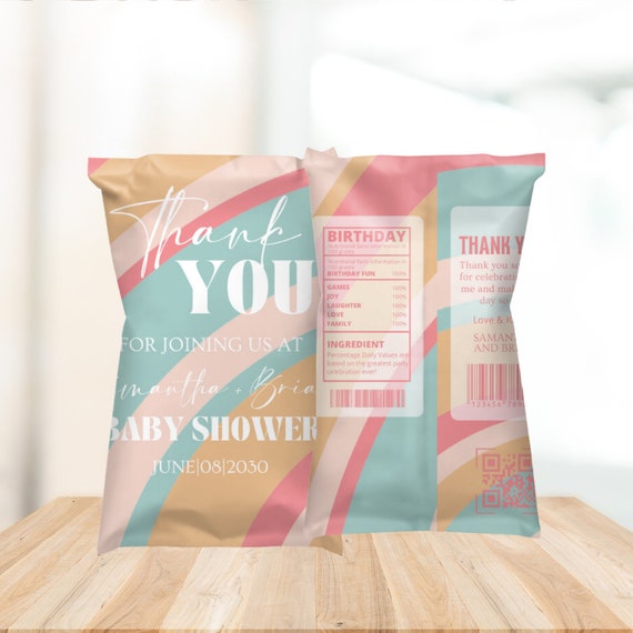 Retro 70's Baby Shower Thank You Chip Bag Template | Groovy Favor Label | Hippie Party Decor | Pastel Funky Vibe Label | DIY Printable Decor