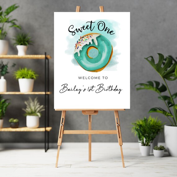 Sweet One Birthday Welcome Sign, Turquoise 1st Birthday Party Signs, Donut Bday Banner, She’s a Sweet One, Digital and Print #DBT