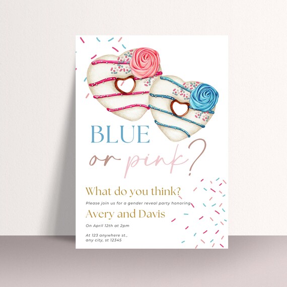 Sweet Donut Baby Shower & Gender Reveal Invitation Template - Pink and Blue Heart Donuts Design - Personalized Printable Invites