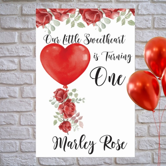 Little Sweetheart Birthday Party Banner Sign, Valentine Birthday Party Signs, Red Floral Heart Balloon Banner, Print and Digital, #BHF