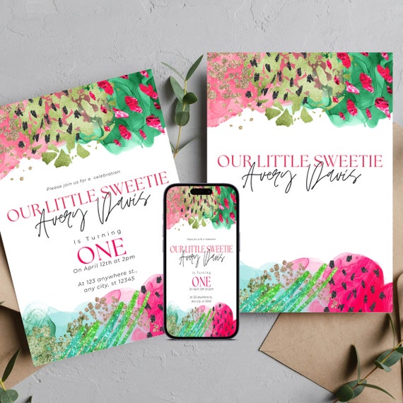 Watermelon Birthday  Invitation Template, Pink Watermelon Printable Invite, One in a Melon Invitations, One in a Melon, #MBP