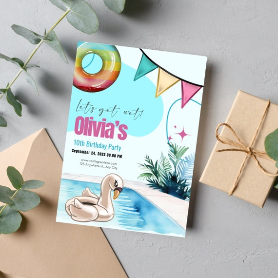 Editable Pool Party Birthday Invitation - Let's Get Wet! Printable Invite - Summer Splash Bash - Customizable Pool Celebration