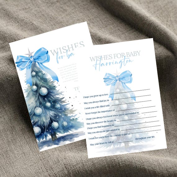 Blue Bow Christmas Tree Baby Wishes Card & Sign | Personalized Baby Shower Wish Cards | Holiday Baby Wish Card for Boy