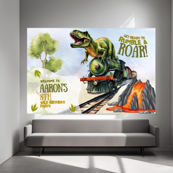 Editable Dinosaur Train Birthday Welcome Banner | Custom Dino Party Sign for Kids | T-Rex Themed Birthday Decoration
