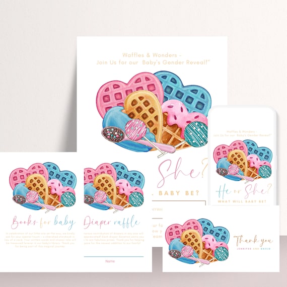 Sweet Waffle Gender Reveal Invitation Bundle - Custom Baby Boy Girl Announcement, Breakfast Theme Party, - Waffle Love Gender Reveal Party