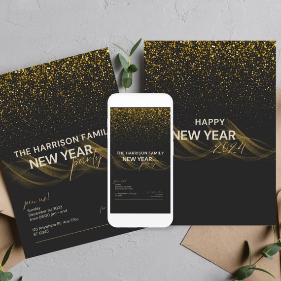 Chic Black and Gold New Year Party Invitation Template, Black and Gold Celebration Invite, Editable New Years Eve Flyer, Print and Digital