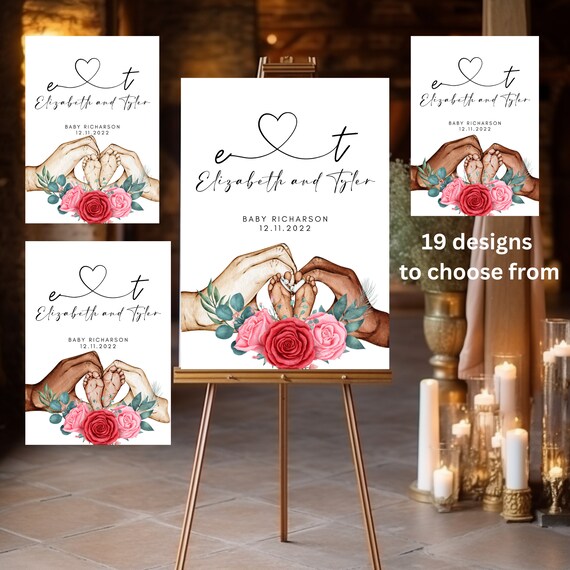 Editable Pink & Red Rose Baby Shower Welcome Sign Template - Custom Banner for Parents-To-Be, Instant Download Baby Feet and Parent Hands