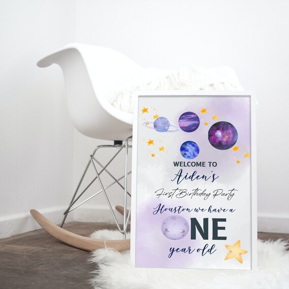 Space Birthday Welcome Sign Template, Purple Galaxy Birthday Party Signs, Houston We Have a One Year Old, Stars Birthday Banner, #SBP
