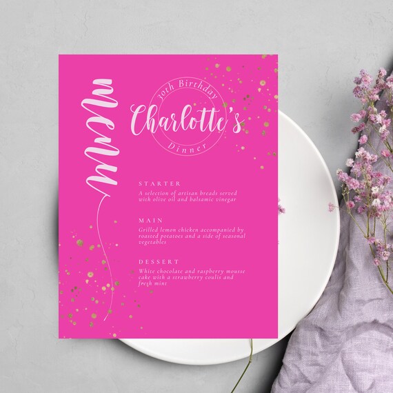 Editable Dinner Menu, Printable Birthday Party Lunch Menu, Hot Pink Gold, Food Menu, Doll Party Menu, Instant Download, #PPP