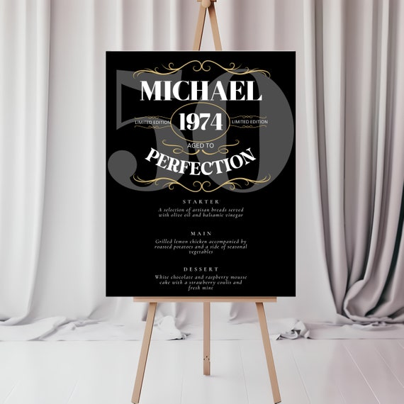 Editable Menu Sign Age to Perfection Birthday Party ANY AGE, Gold Whiskey Label Party Decor, Gentleman Milestone
