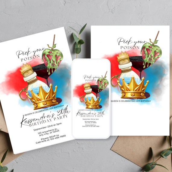 Adult Villain Birthday Invitation Template, Pick Your Poison Party Invitations, Editable Halloween Cocktail Invite, Evil Queen Templates