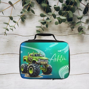 Personalized Insulated Lunch Bag for Boys - Green Monster Truck - Custom Name Back to School Lunch Tote - Perfect Gift
