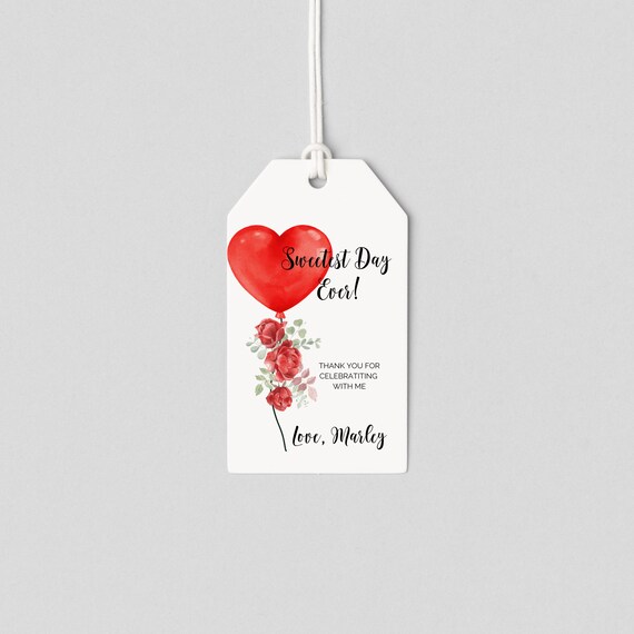 Little Sweetheart Birthday Thank You Tag, First Birthday Party Tags, Watercolor Red Heart Balloons, Print and Digital #BHF