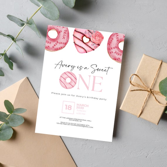Sweet Pink Donut Birthday Invitation Template - Editable Party Invite, Printable DIY, Customizable Doughnut Theme Invitations