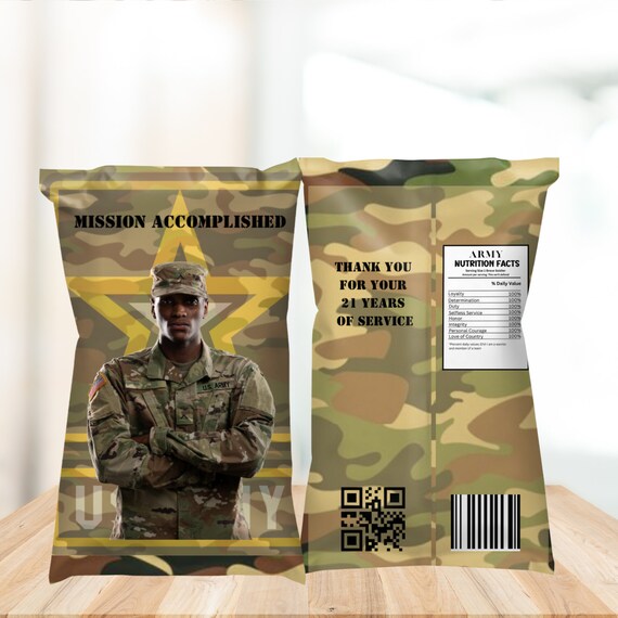 Army Birthday Chips Bag Labels, Army Camo Party Chip Bags, 1oz Snack Bag Template, Editable Army Retirement Party Chip Bag Label